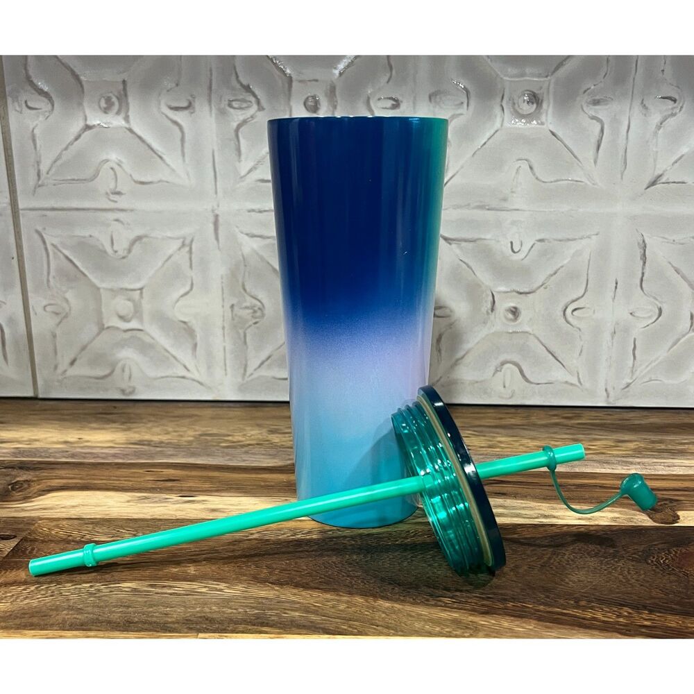 Starbucks 24 oz Ombre Stainless Tumbler Teal Blue Purple 2022  Cup w/Lid & Straw